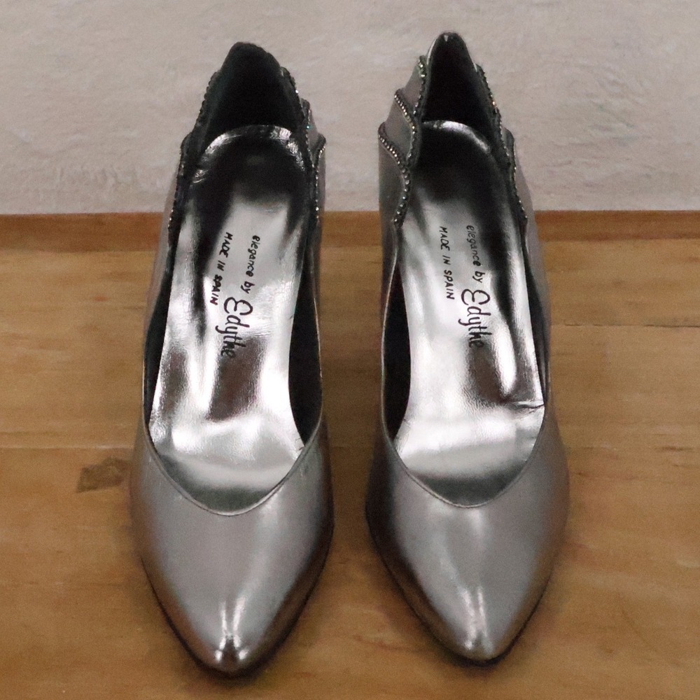 Elegance by Edythe Silver Metallic Rhinestone Pumps Size Leather Vtg Y2K - Picture 9 of 13
